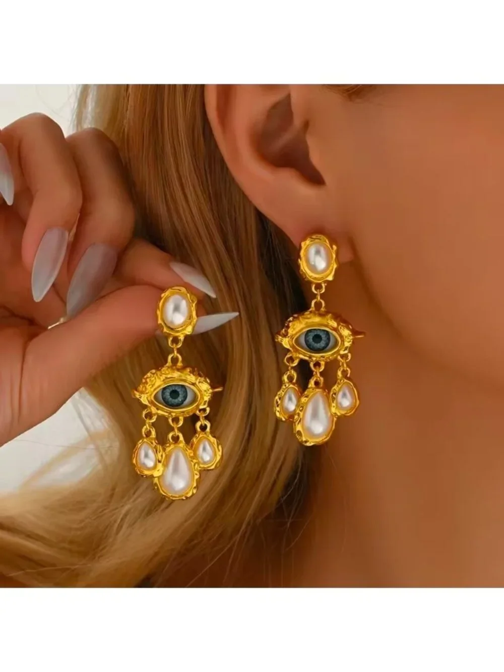 Gold-Tone Evil Eye Pearl Drop Earrings